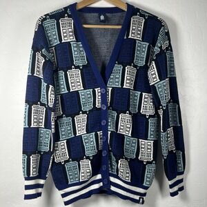 Hot Topic BBC Doctor Who Tardis Cardigan Sweater Sz M Blue‎ Graphic Varsity